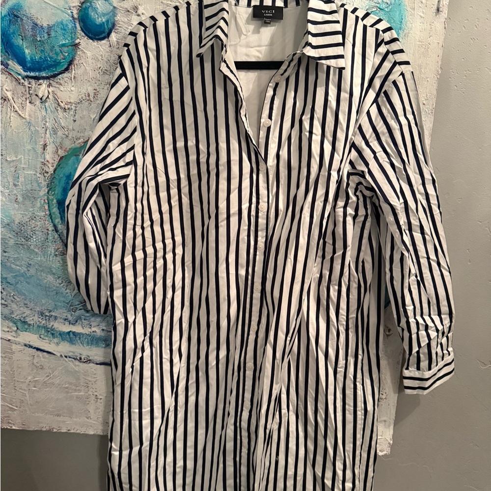 Vici Black and White Striped Casual Shirt Dress